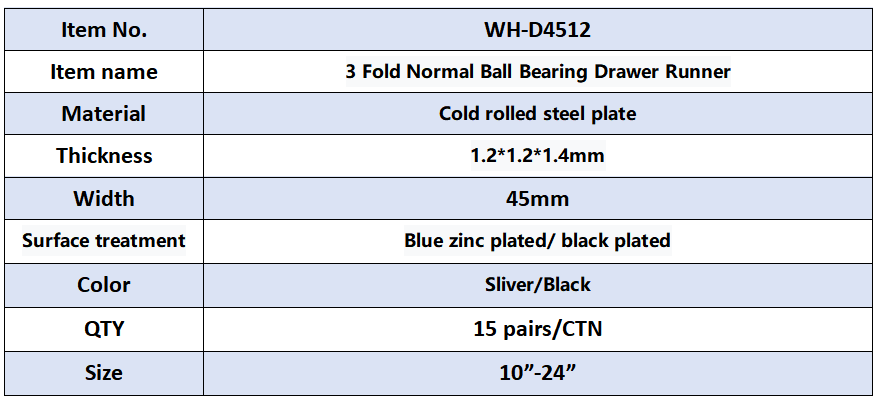 Width 45mm 3 Fold Normal Ball Bearing Drawer Runner 17